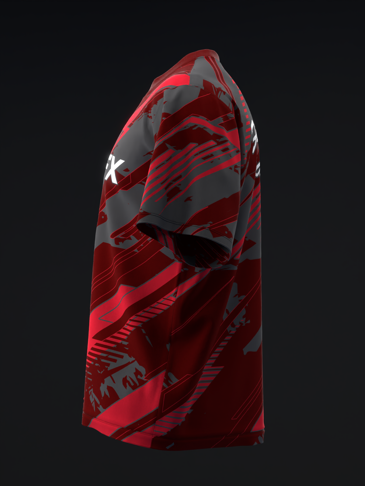 Red and gray bowling jersey with abstract geometric pattern and white logo detail