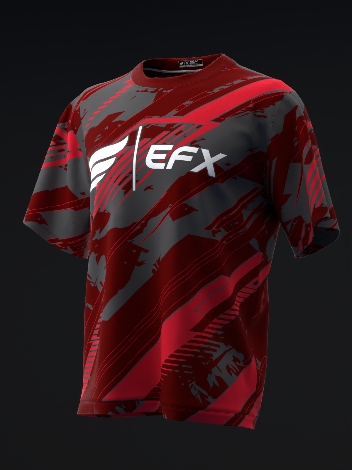 Red and gray bowling jersey with EFX logo and abstract brush stroke pattern, front view
