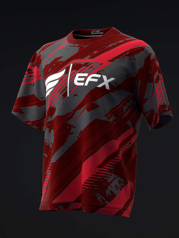 Red and gray bowling jersey with EFX logo and abstract brush stroke pattern, front view