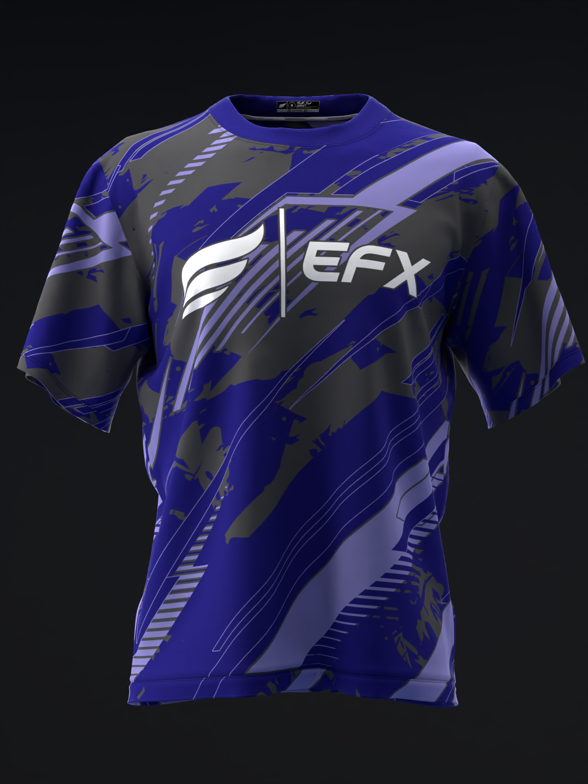 Blue and gray bowling jersey with white EFX logo and abstract stripe pattern, front view