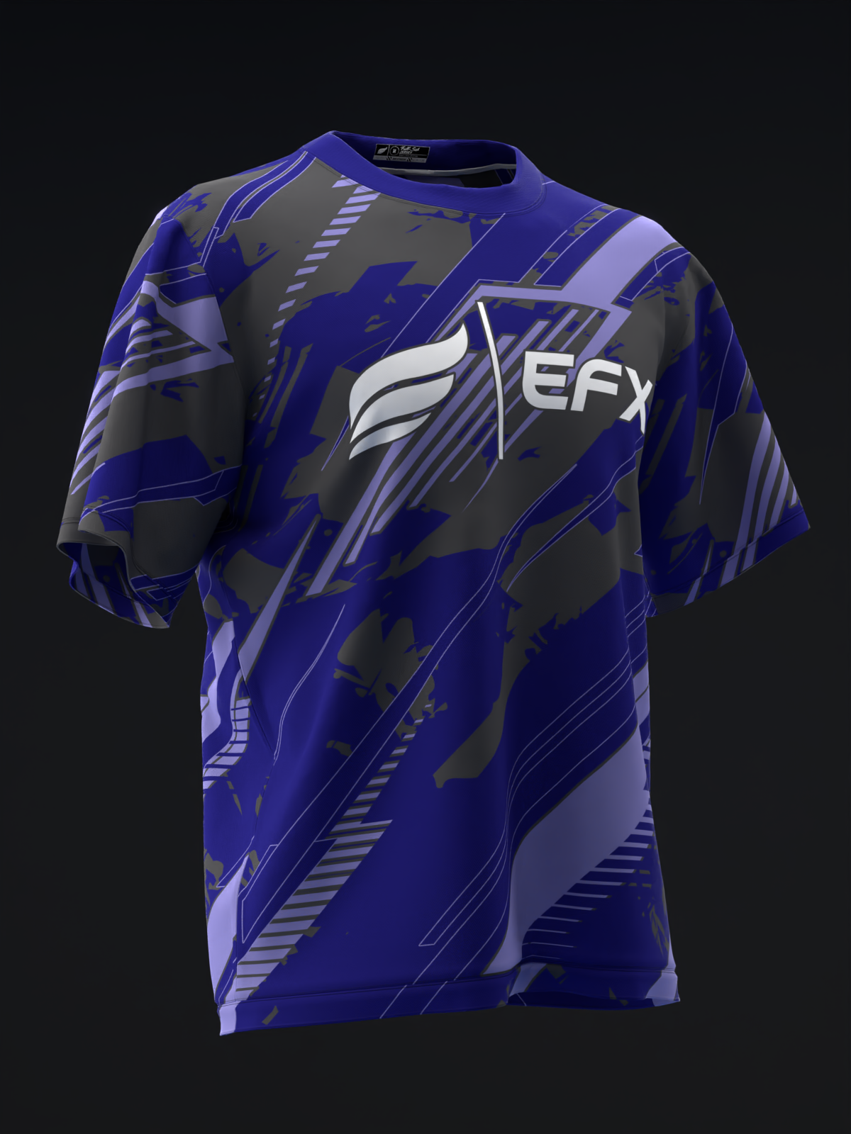Blue and gray bowling jersey with EFX logo and diagonal stripe pattern, front view