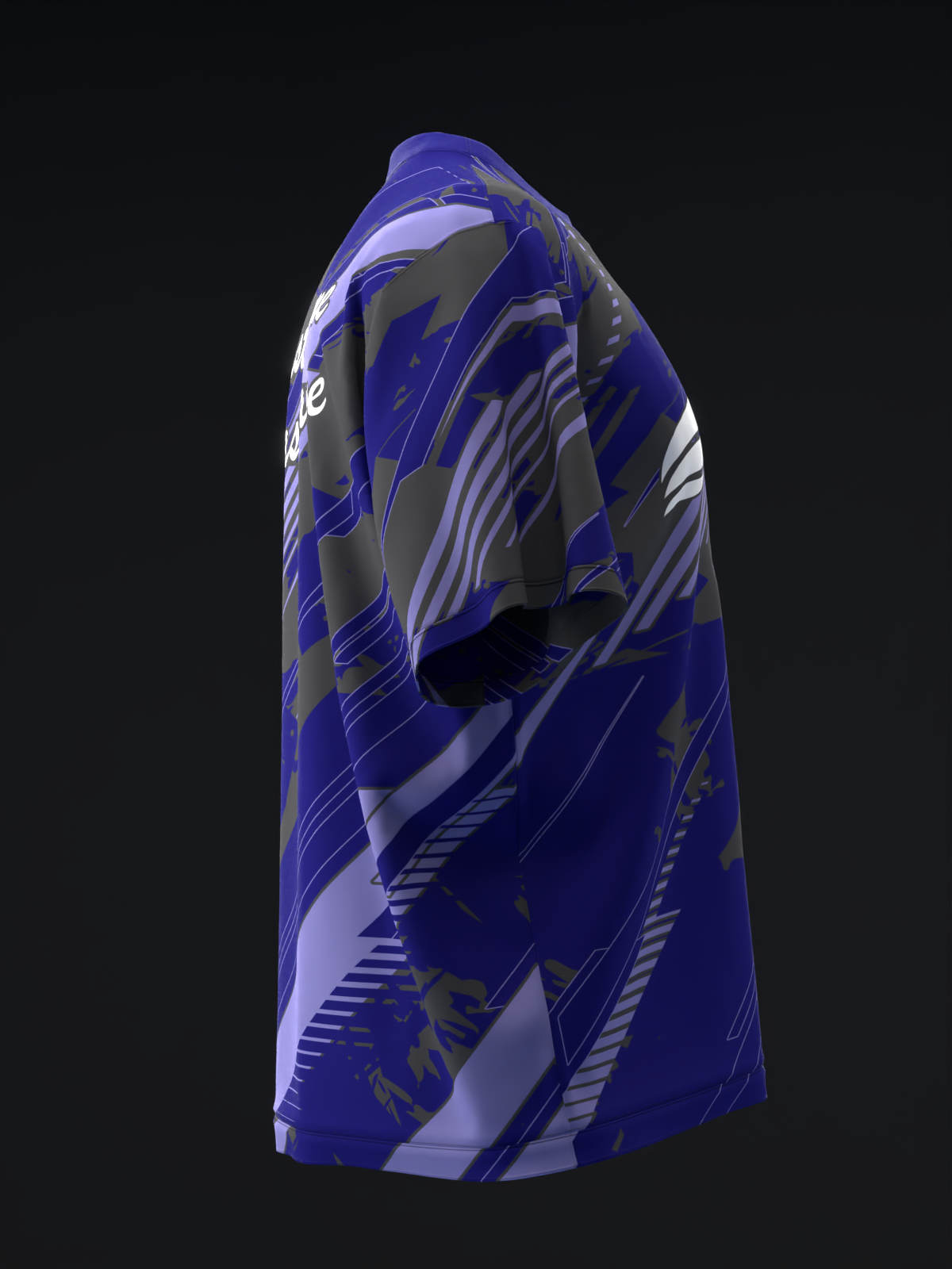 Blue and gray bowling jersey with abstract geometric pattern, side view