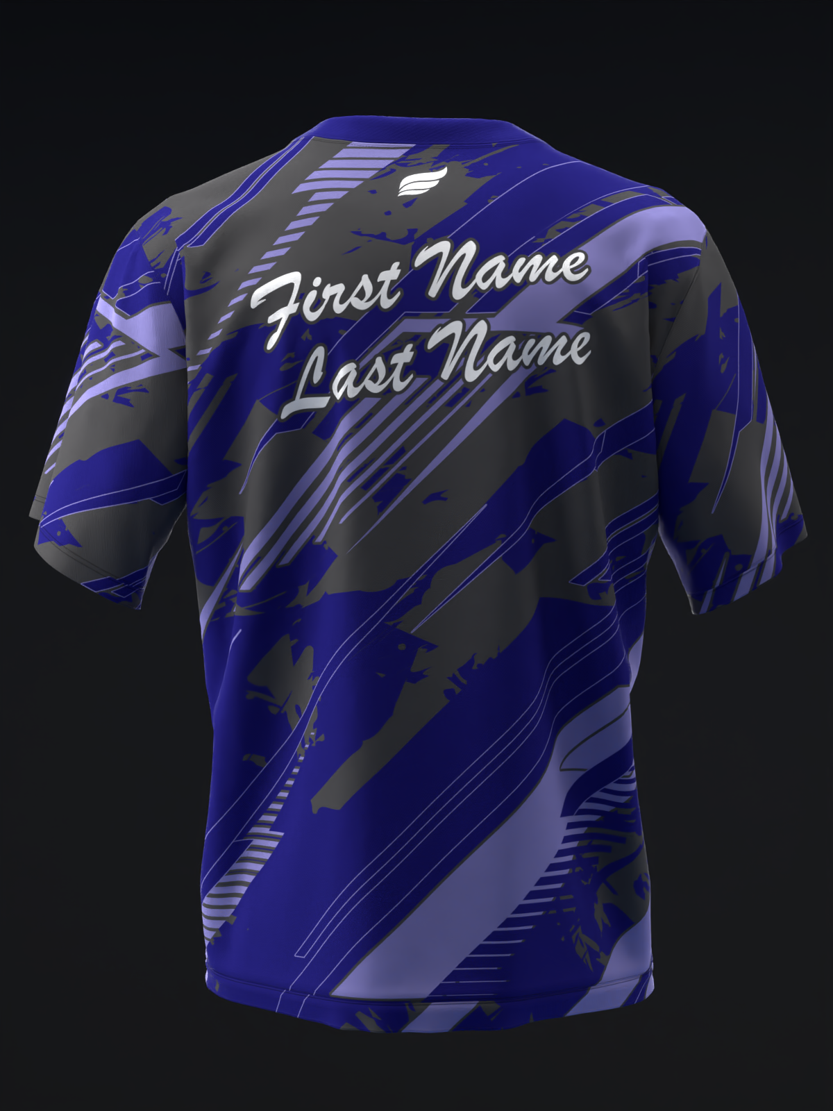 Royal blue and gray bowling jersey back view with diagonal striped pattern and personalized name text