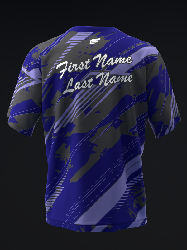 Royal blue and gray bowling jersey back view with diagonal striped pattern and personalized name text