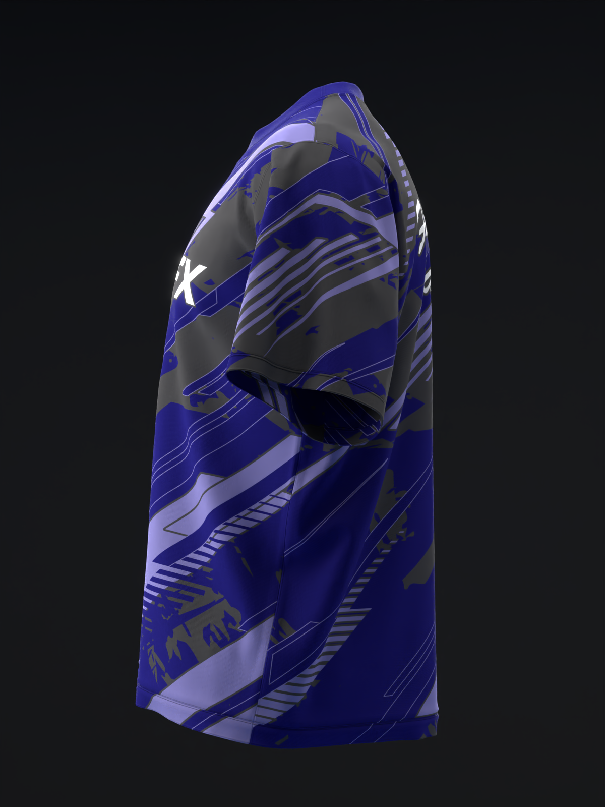 Blue and gray bowling jersey with abstract geometric pattern and white accents