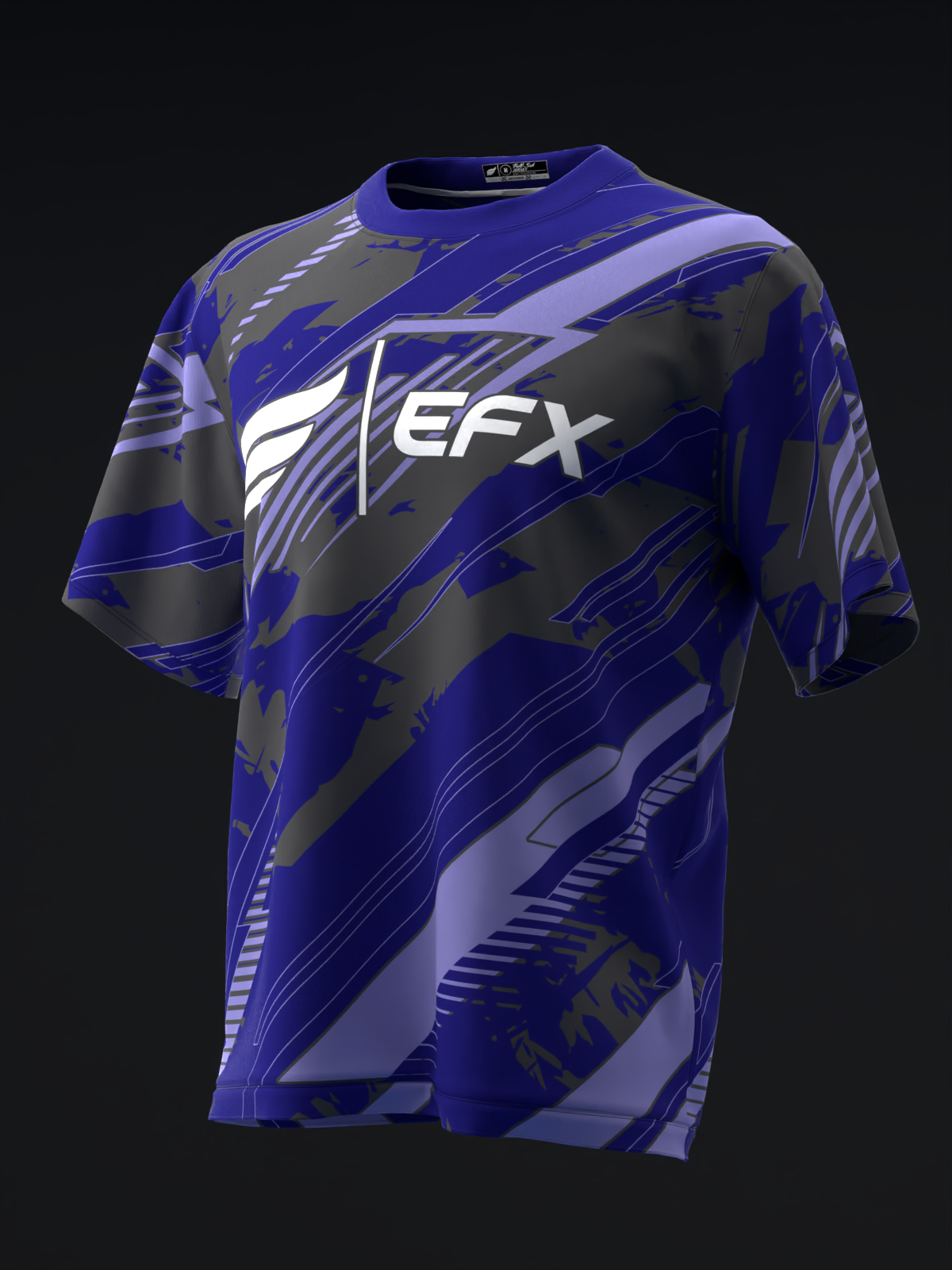Blue and black bowling jersey with EFX graphic and angular stripe pattern, front view