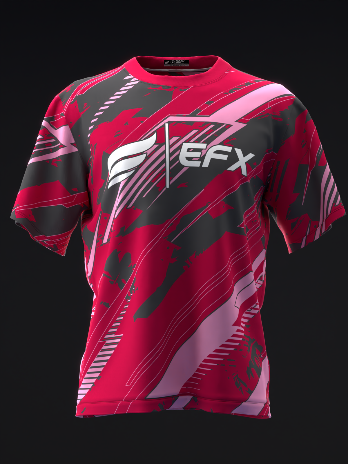 Red bowling jersey with black panels, white EFX logo, and diagonal stripe design