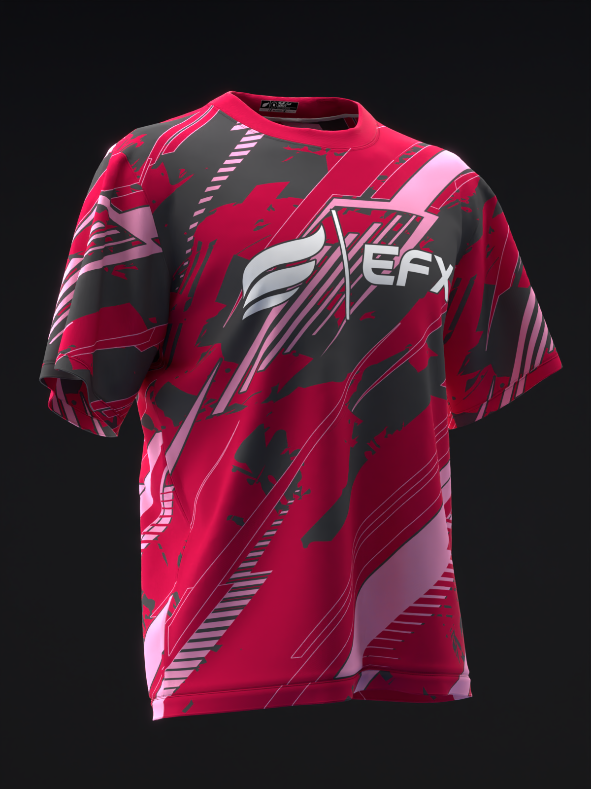 Red and black bowling jersey with EFX logo and diagonal striped pattern, front view