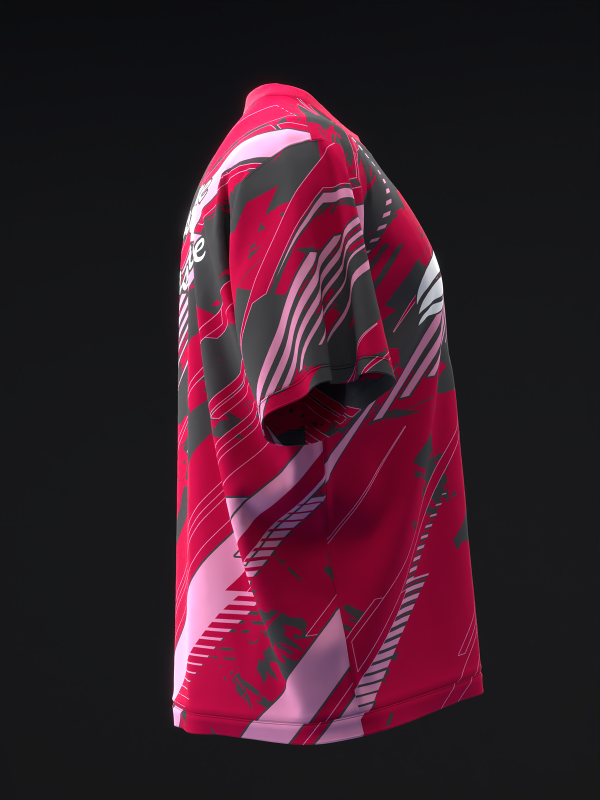 Red and gray bowling jersey with abstract geometric patterns, side view