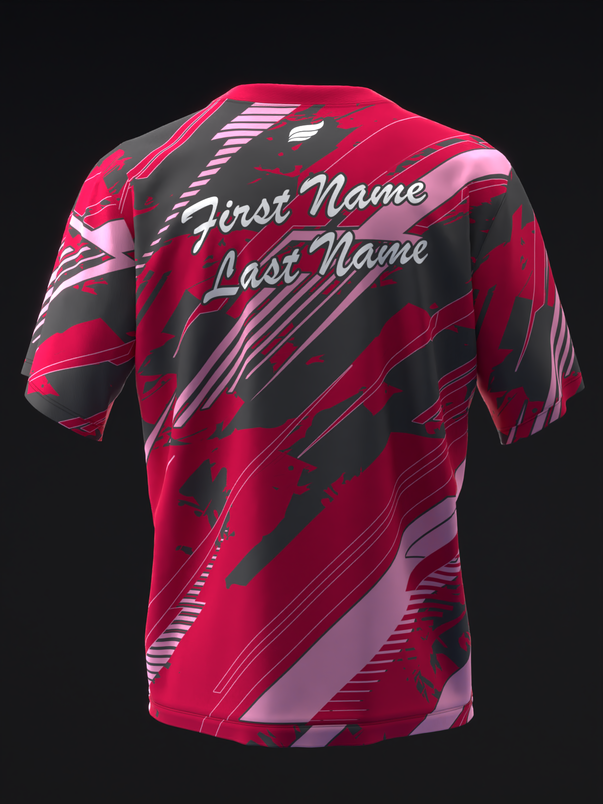 Back view of red and black bowling jersey with diagonal striped pattern and personalized name text
