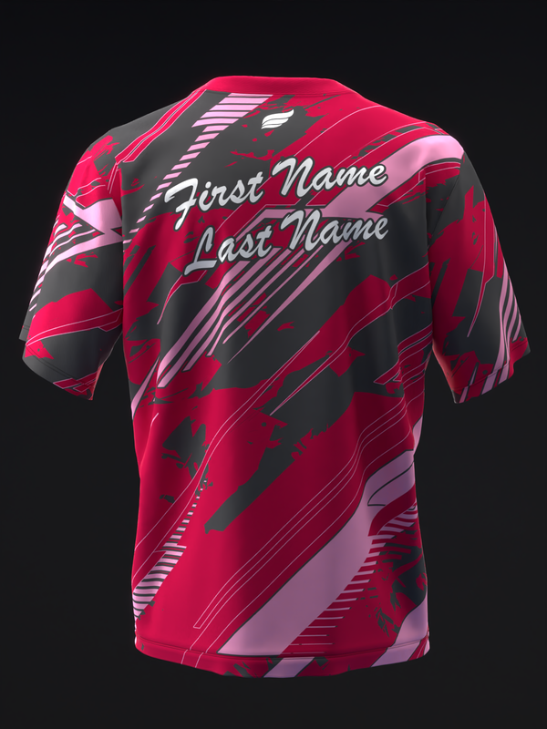 Back view of red and black bowling jersey with diagonal striped pattern and personalized name text