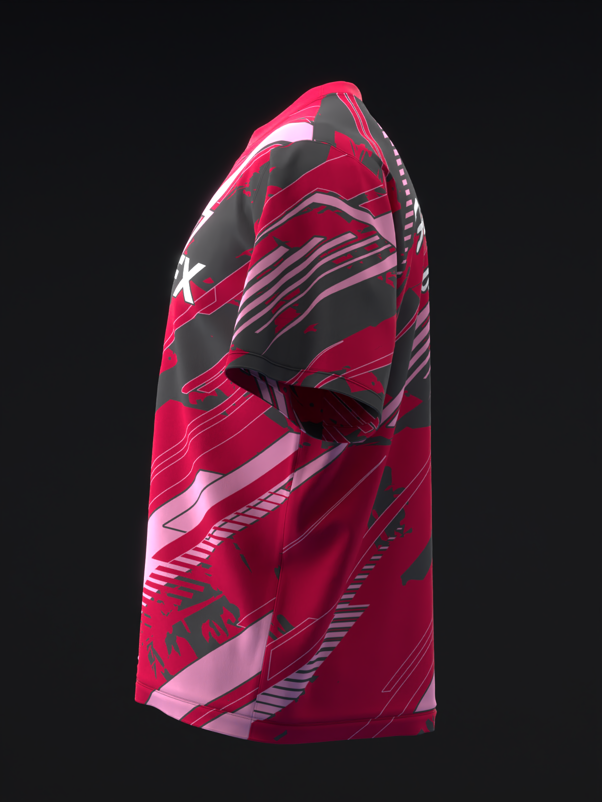 Red and black bowling jersey with abstract geometric lines and white accent logo on side view