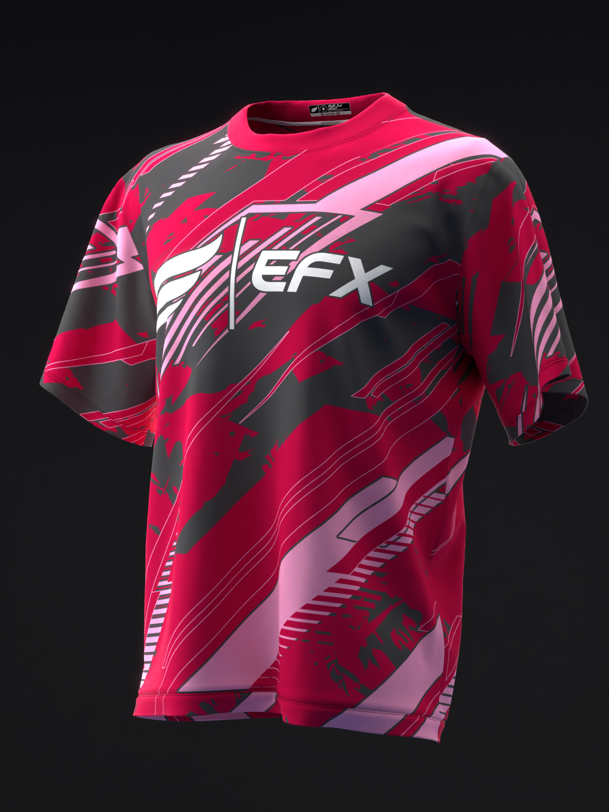 Red and black bowling jersey with diagonal striped pattern and EFX logo, front view