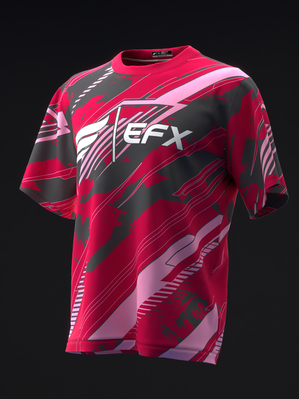 Red and black bowling jersey with diagonal striped pattern and EFX logo, front view