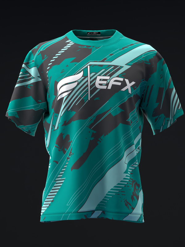 Teal and black bowling jersey with EFX logo and diagonal stripe pattern, front view