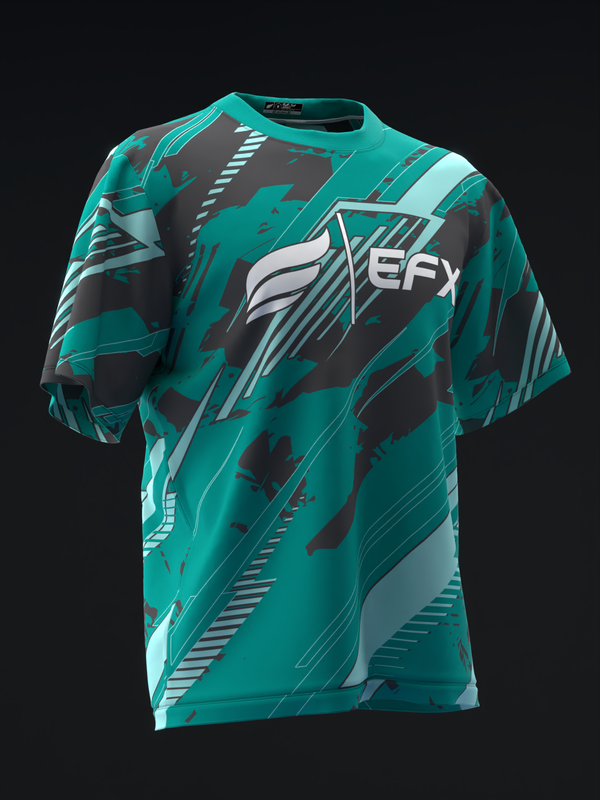 Turquoise bowling jersey with black and white geometric pattern and EFX logo, front view