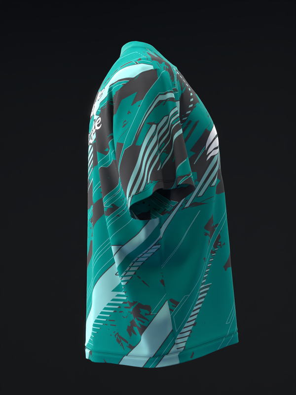 Teal bowling jersey with white and gray streaked graphic design, side view