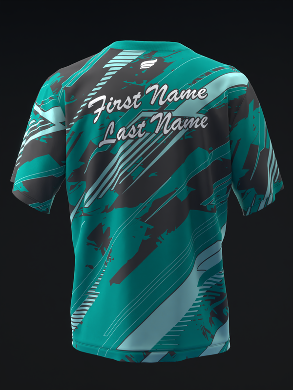 Turquoise and charcoal bowling jersey back view with personalized name placement and abstract striped graphics