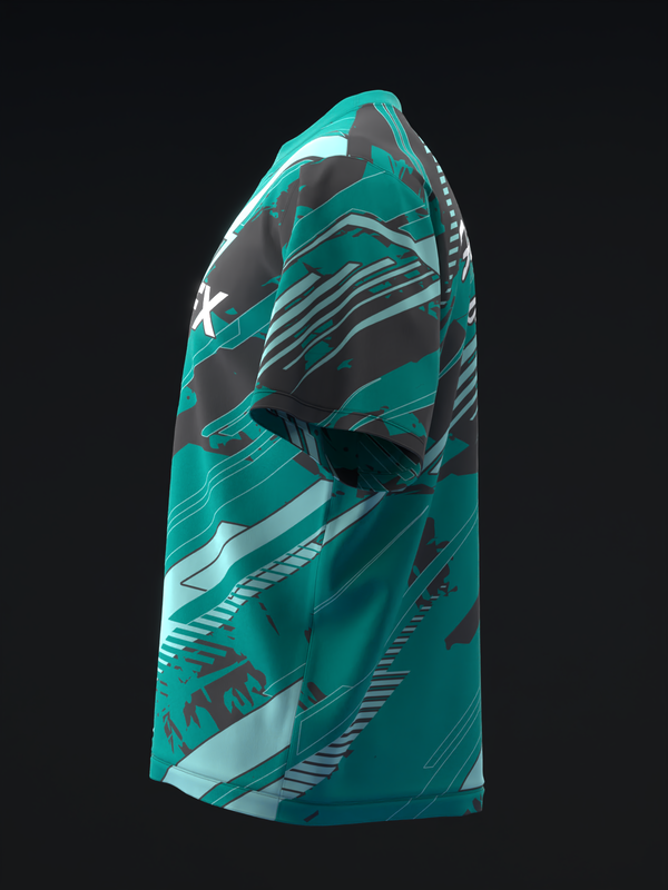 Teal and gray bowling jersey with geometric striped pattern and white accents, side view