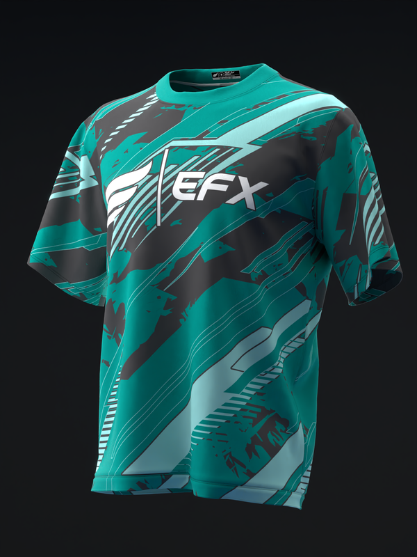Teal bowling jersey with black diagonal stripes and white EFX logo, front view
