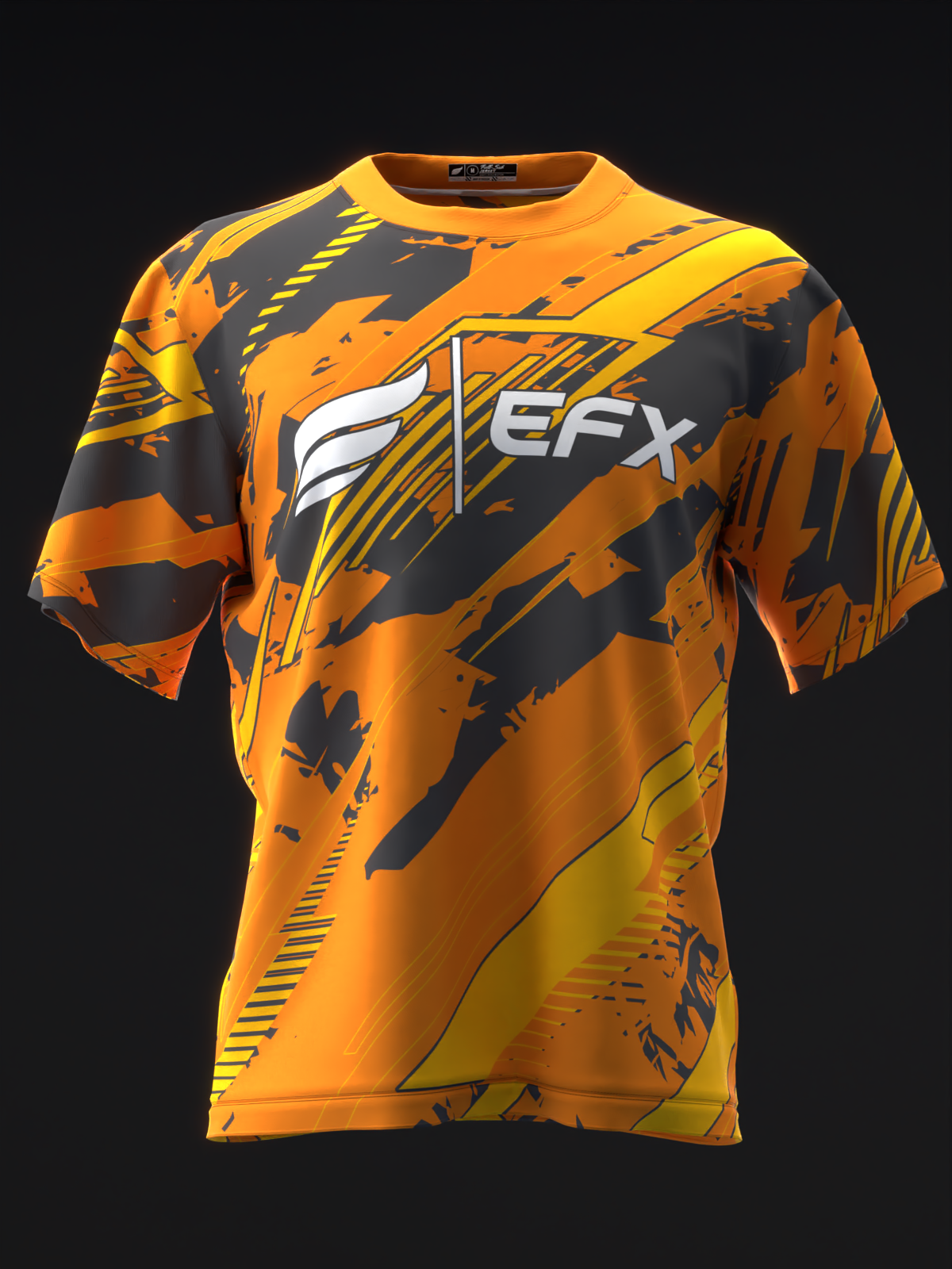 Orange and black bowling jersey with EFX logo and abstract geometric design, front view