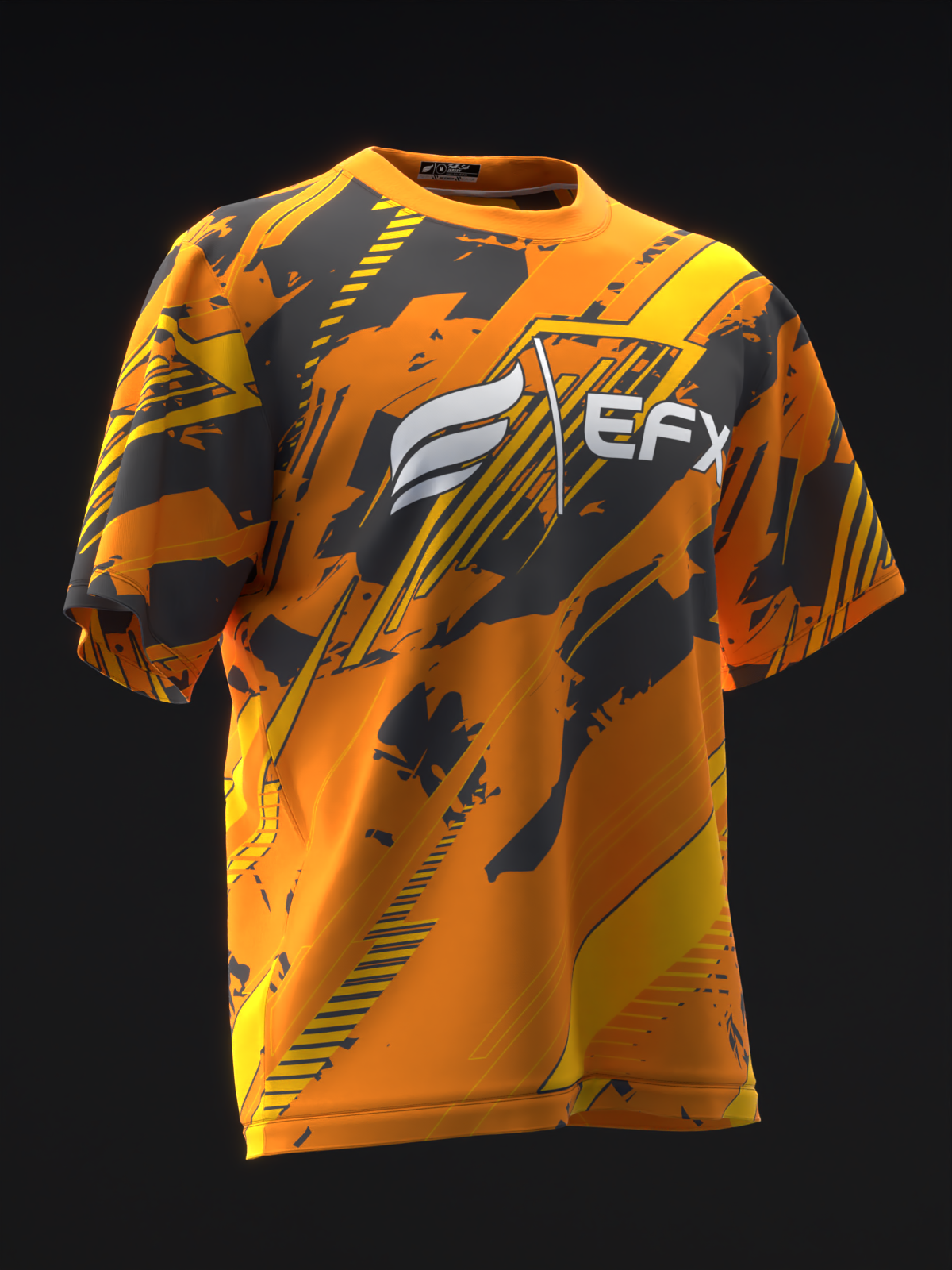 Orange and black bowling jersey with geometric abstract design and EFX logo