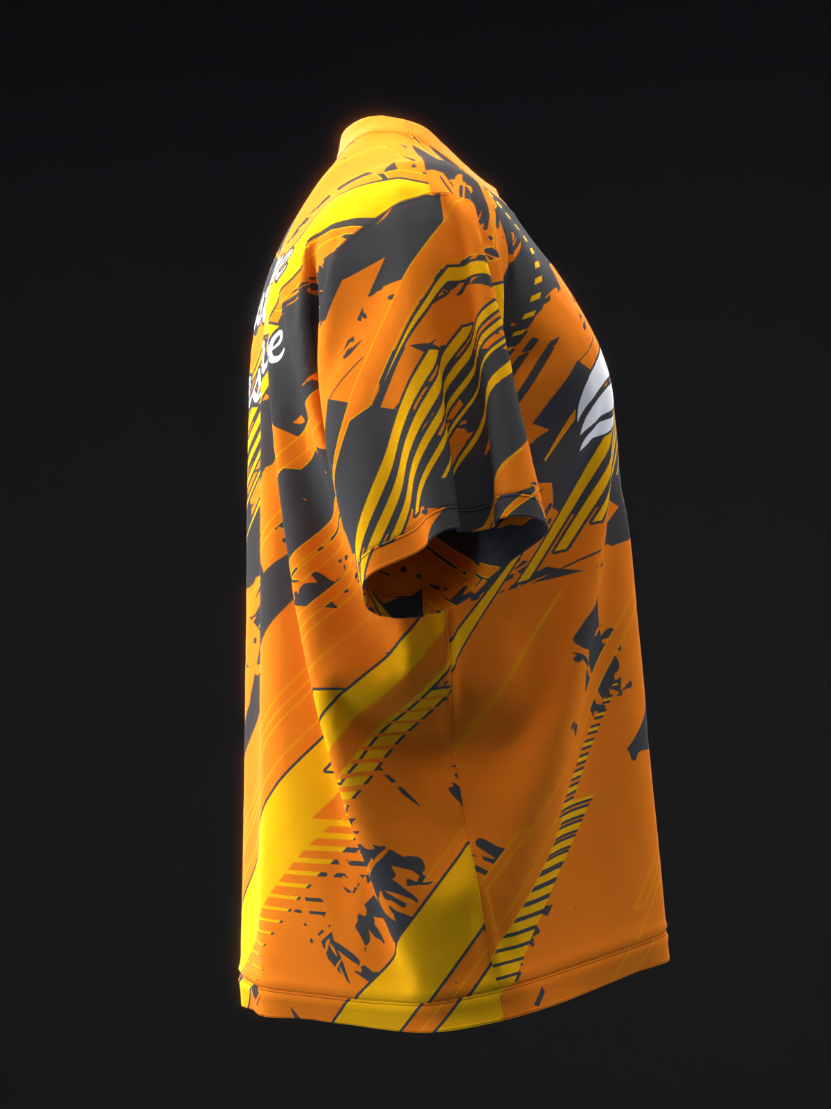 Orange and yellow bowling jersey with black abstract graphic design, side view
