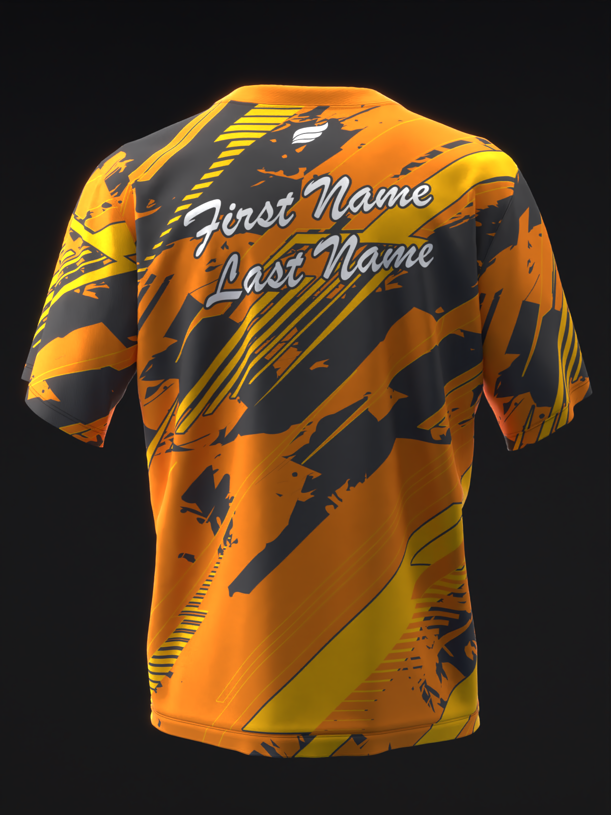 Orange and black bowling jersey with abstract geometric pattern and personalization text