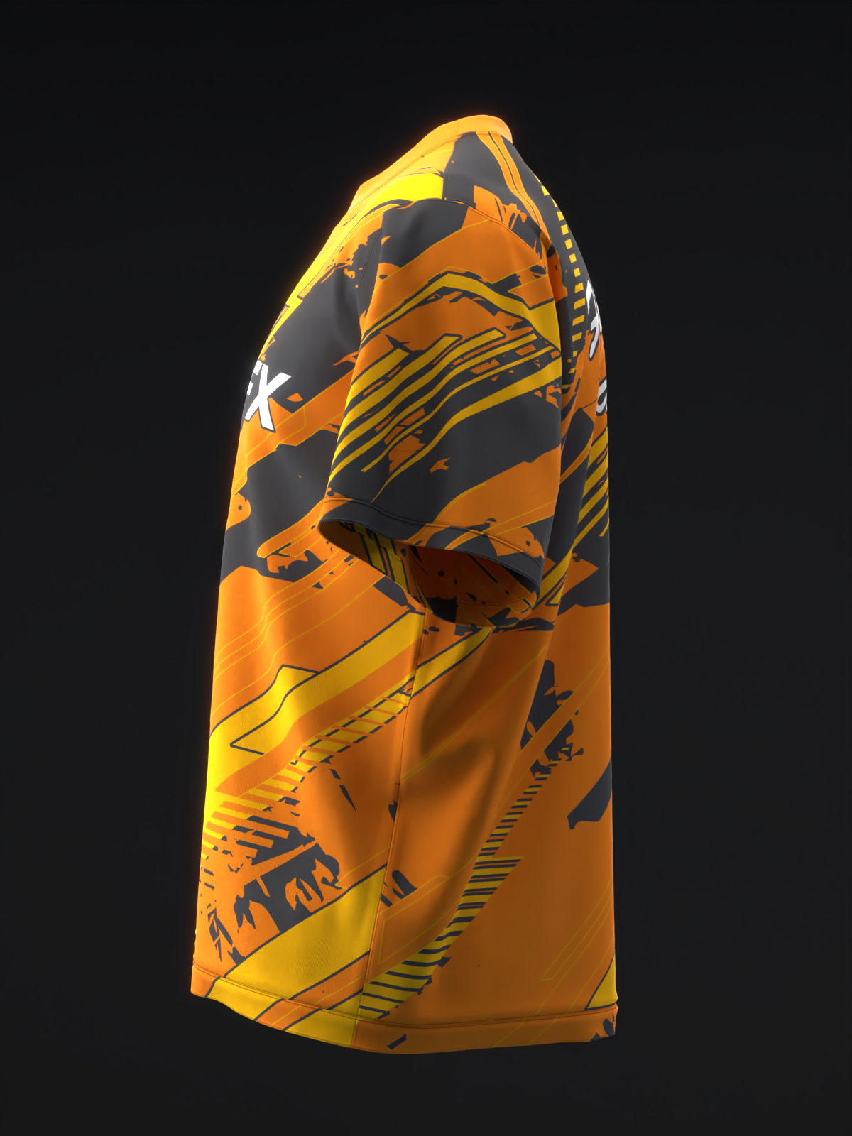 Orange and charcoal bowling jersey with abstract geometric and brushstroke design details