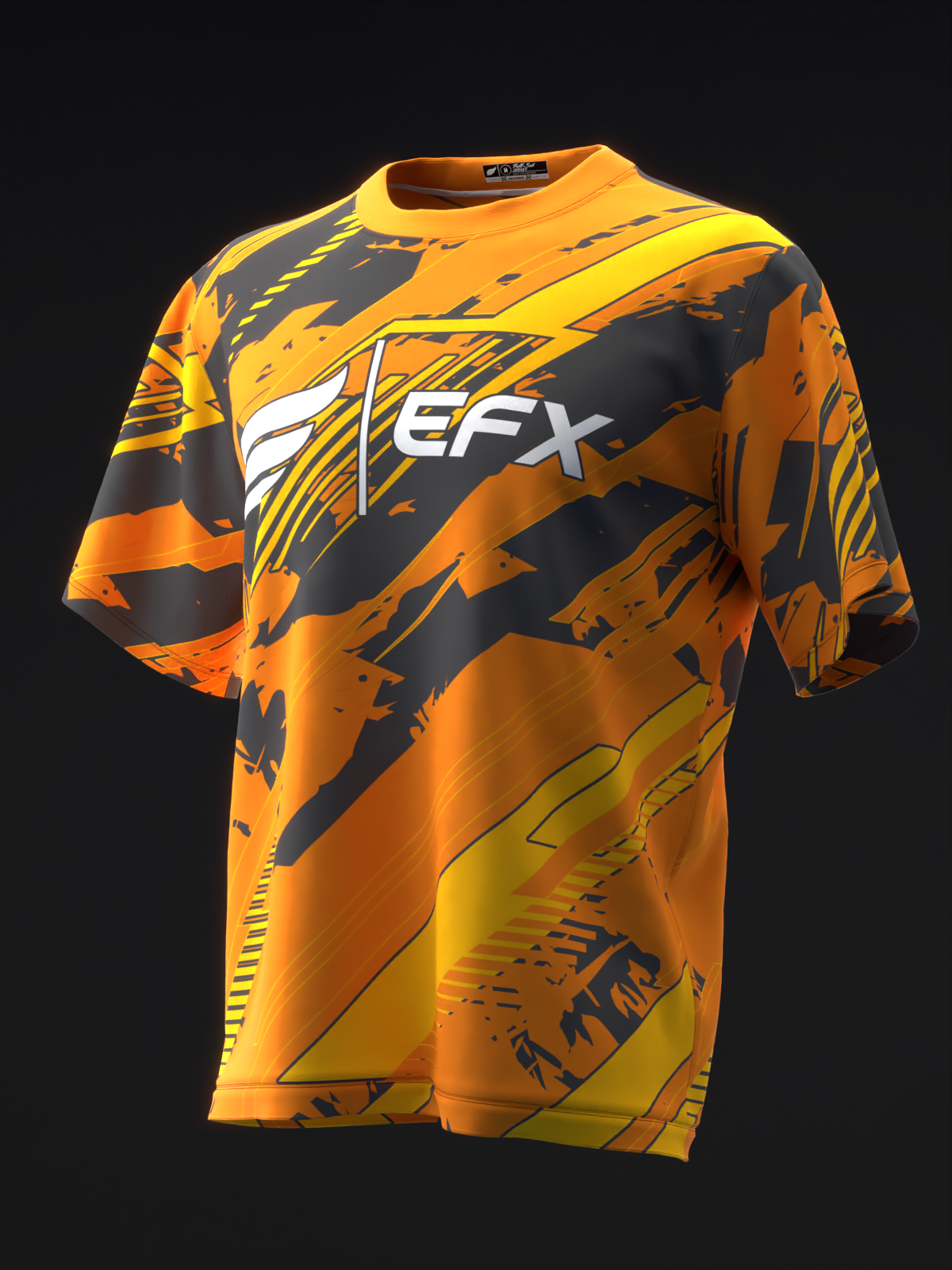 Orange and black bowling jersey with EFX logo and abstract graphic pattern