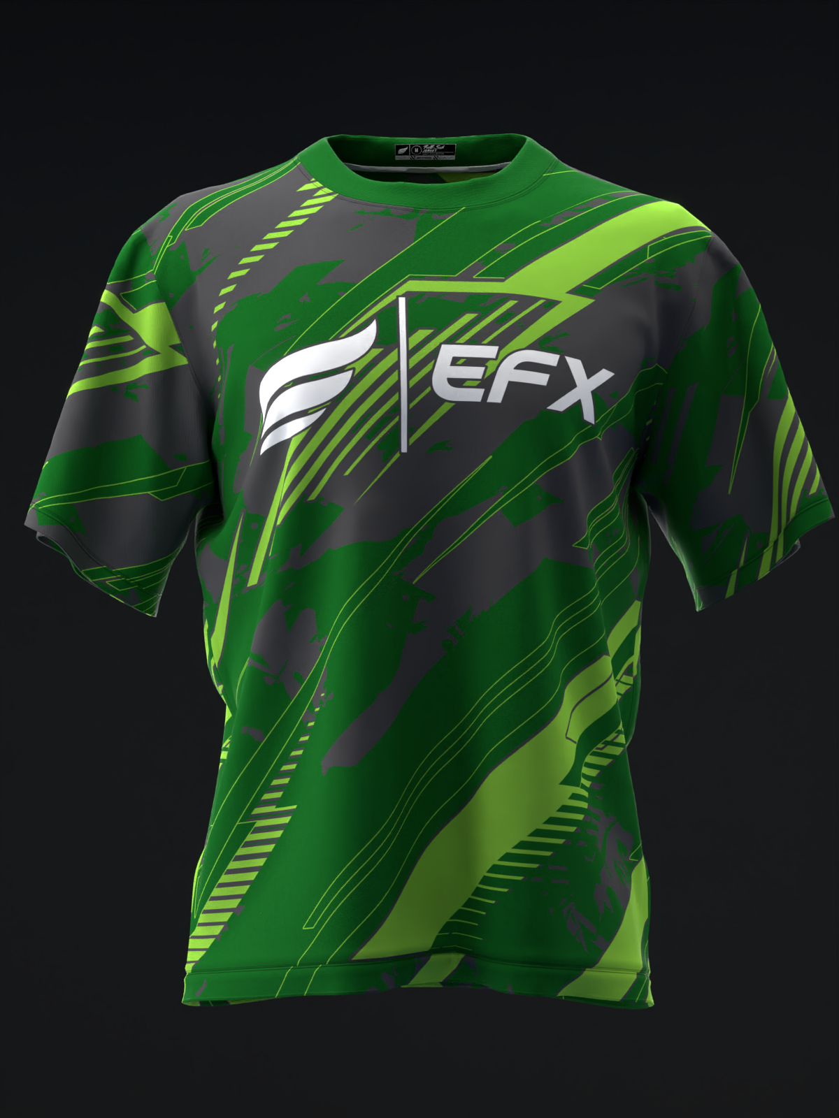 Green and black bowling jersey with EFX logo and diagonal stripe pattern, front view