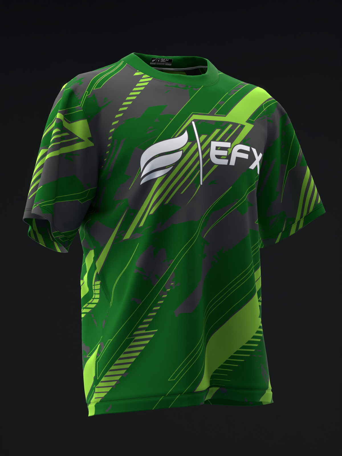 Green and black bowling jersey with EFX logo and diagonal stripe pattern, front view