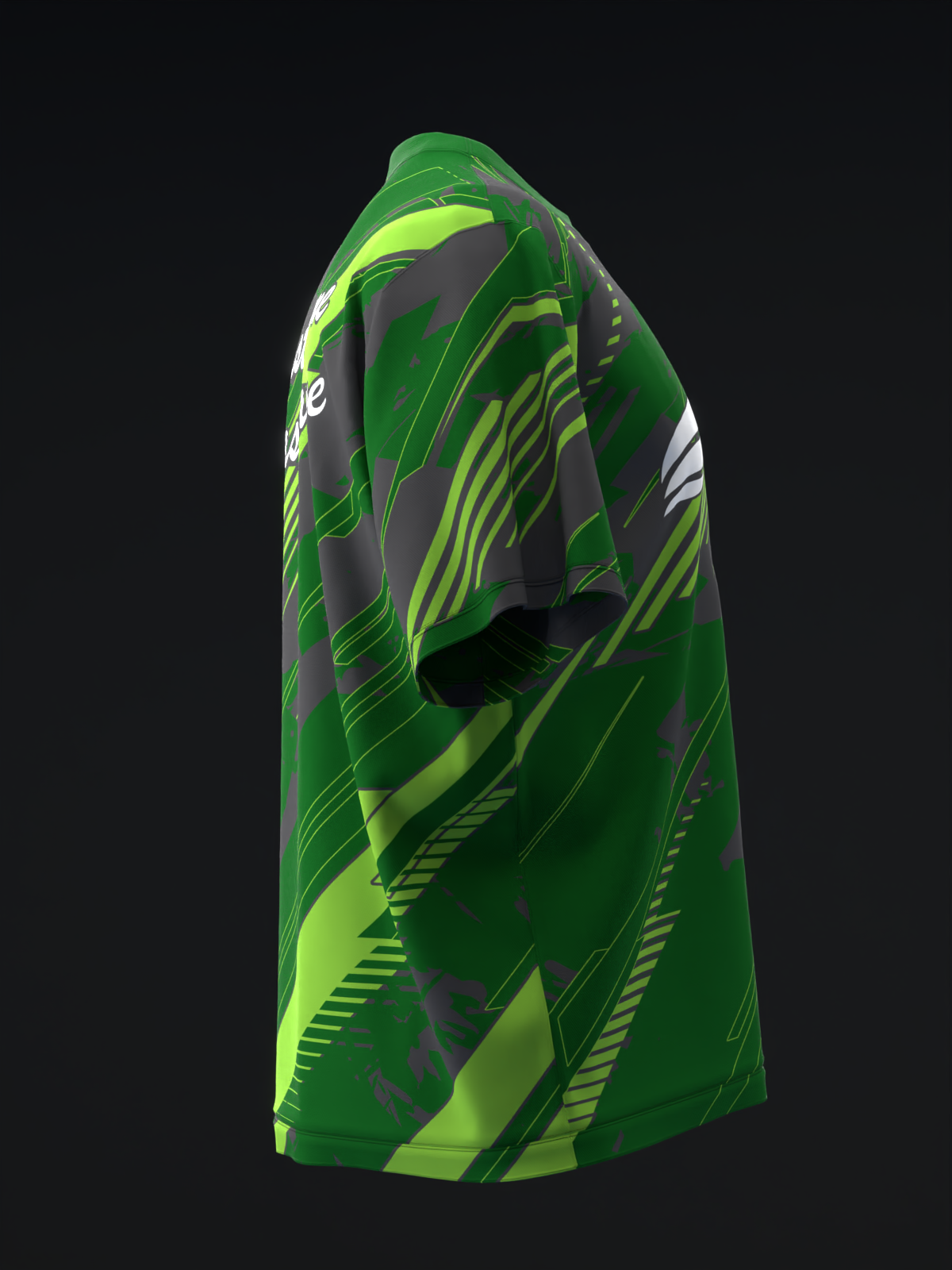 Green and black bowling jersey with lime yellow geometric stripe design, side view