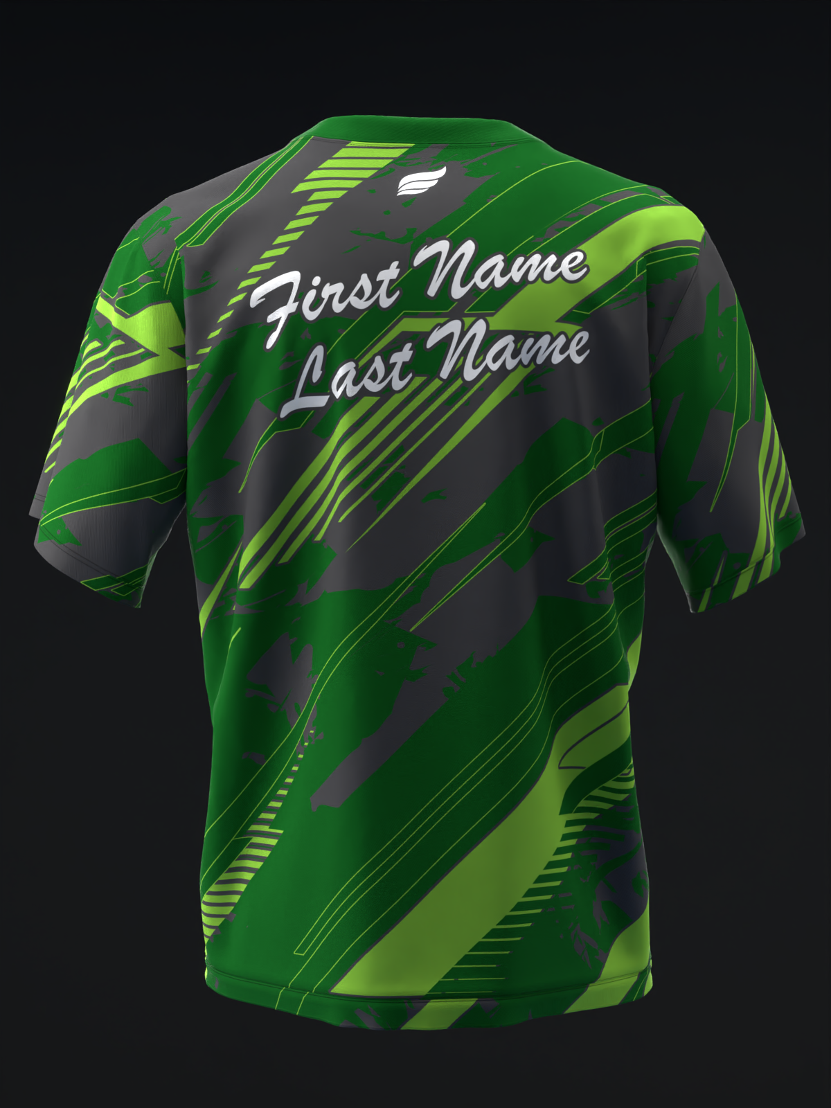 Green and black bowling jersey with diagonal stripe pattern and personalized text