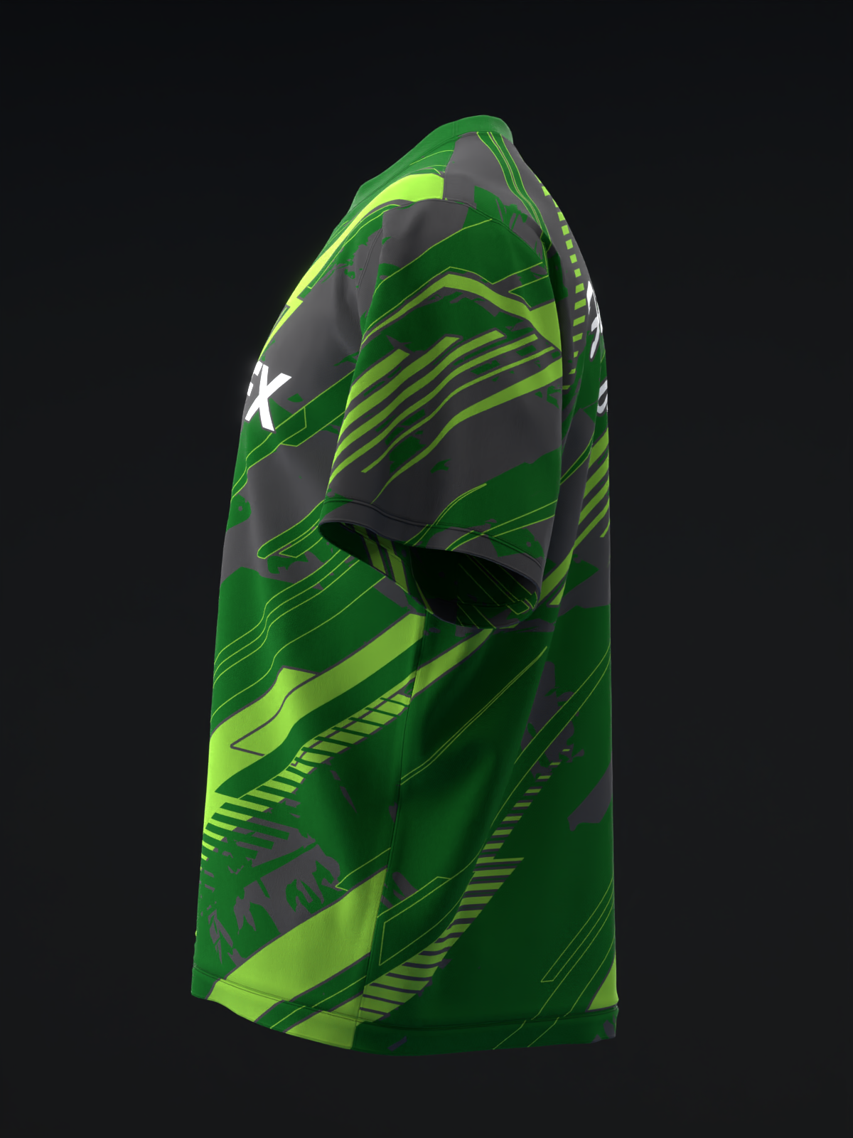 Green and gray bowling jersey with lime geometric striping and white logo