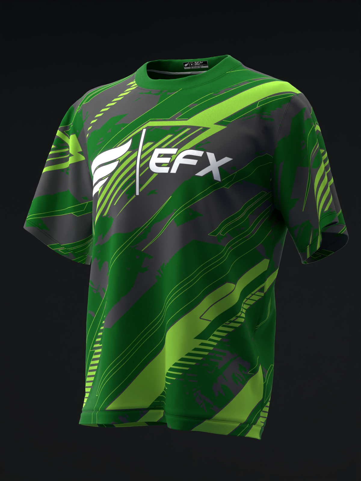 Green and black bowling jersey with white EFX logo and diagonal stripe design, front view
