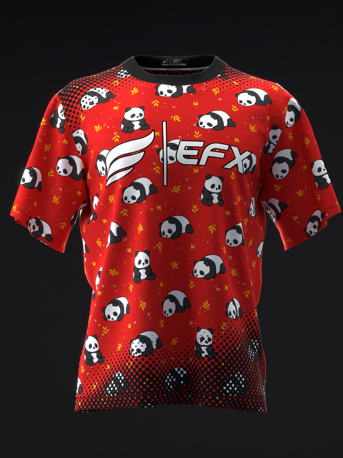 Red bowling jersey with panda and leaf pattern, EFX logo front view