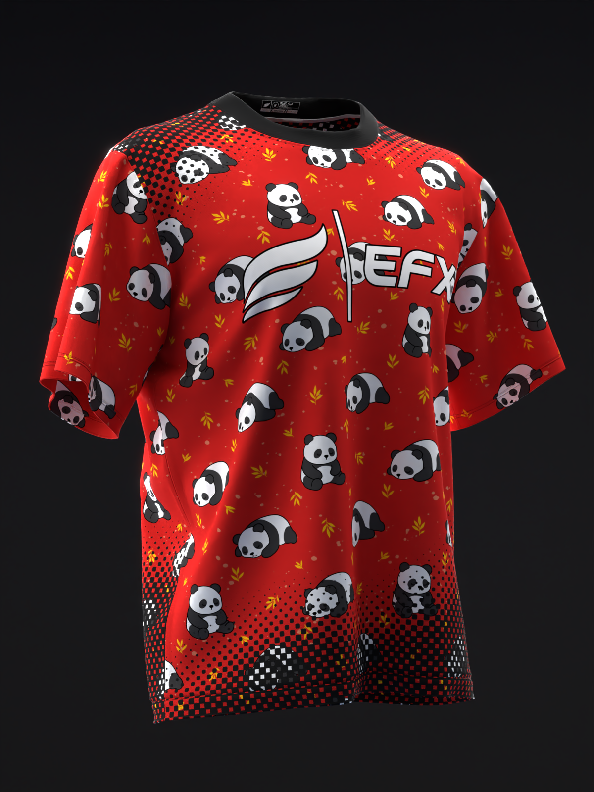 Red bowling jersey with panda and leaf pattern, front view