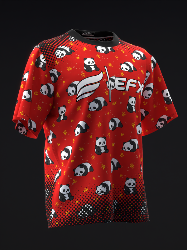 Red bowling jersey with panda and leaf pattern, front view