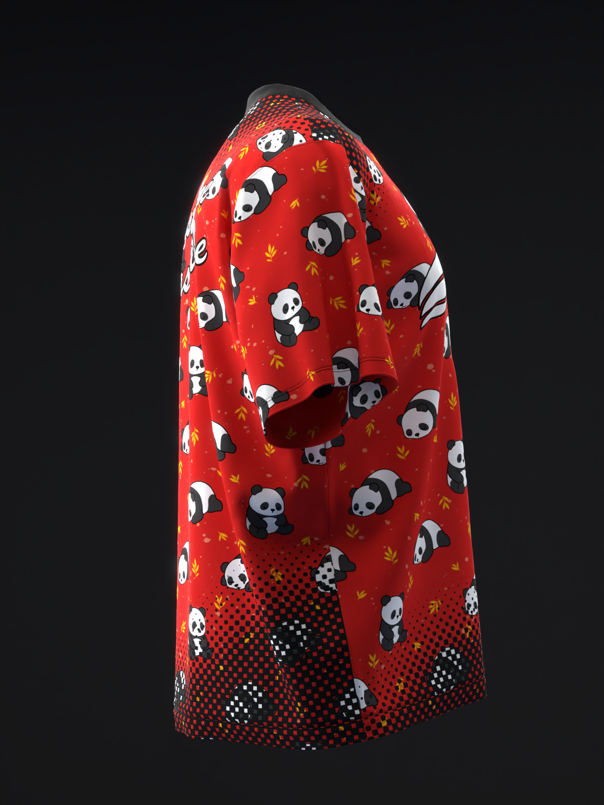 Red bowling jersey with panda and bamboo print, side view
