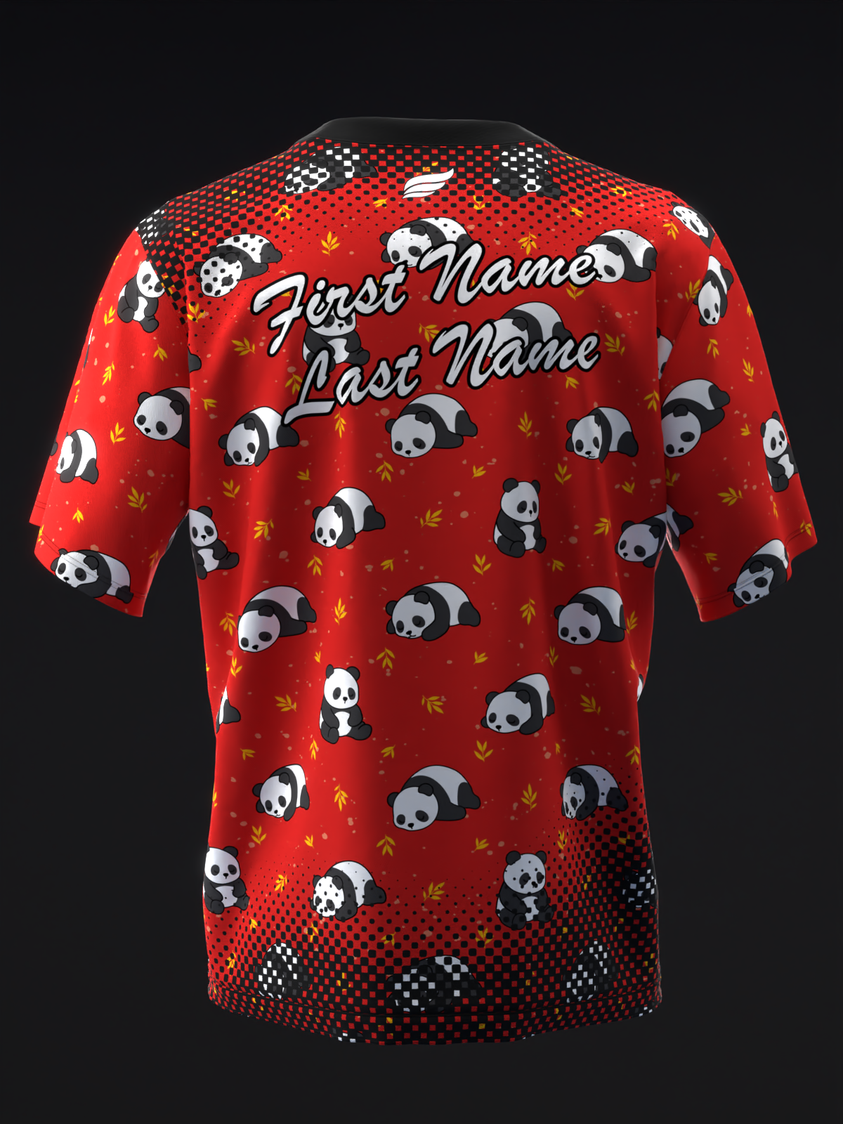Red bowling jersey with panda and leaf print, customizable name text, back view
