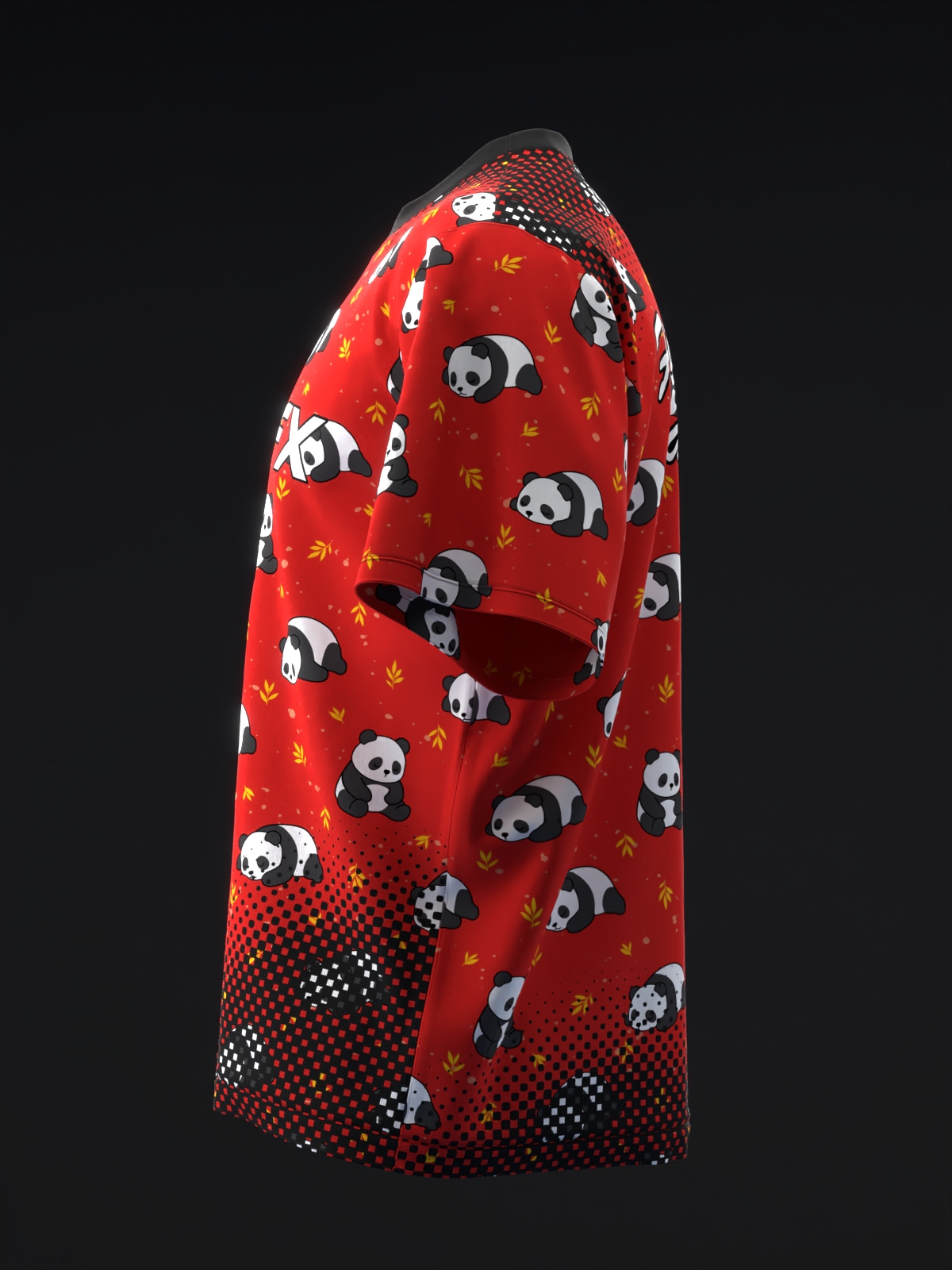 Red bowling jersey with panda and bamboo print, side view