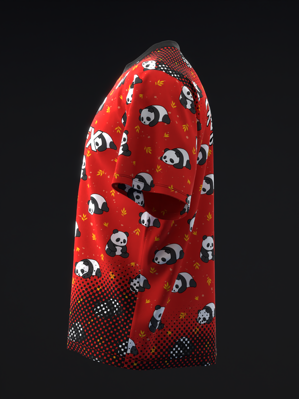 Red bowling jersey with panda and bamboo print, side view