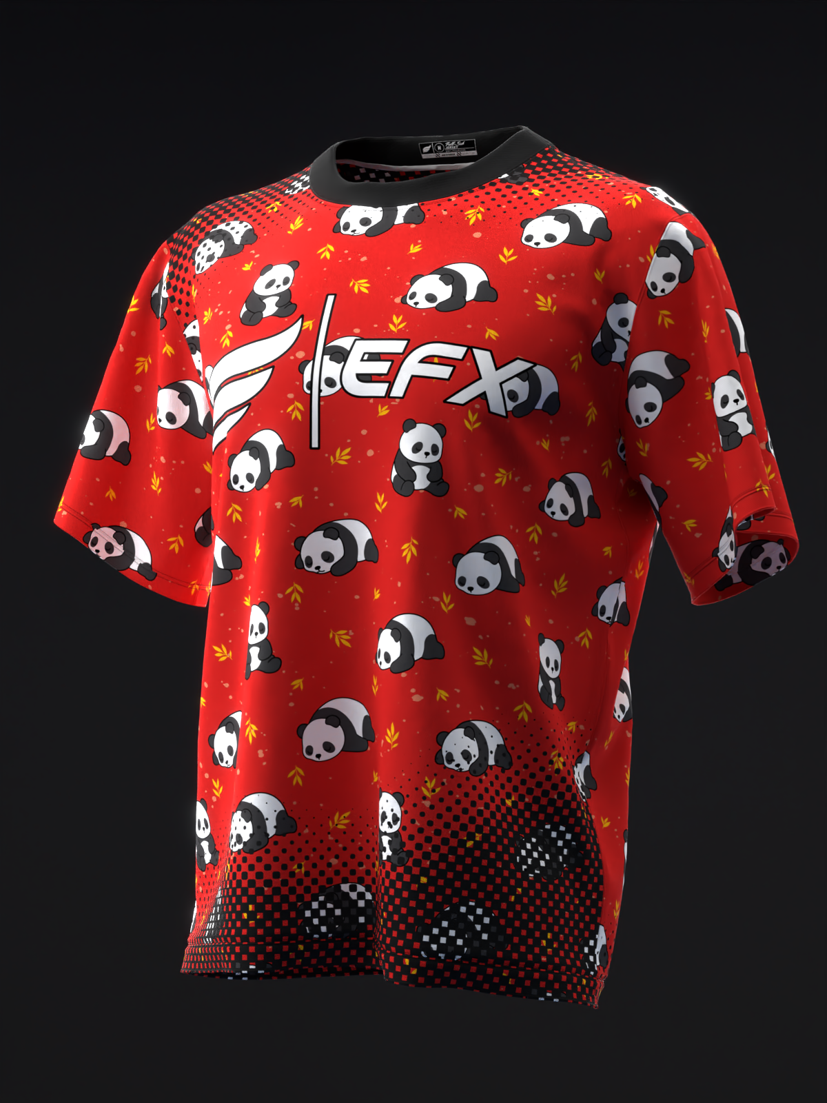 Red bowling jersey with panda and leaf pattern, front view