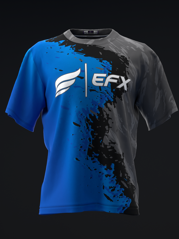 Blue and black bowling jersey with EFX logo and splatter design, front view