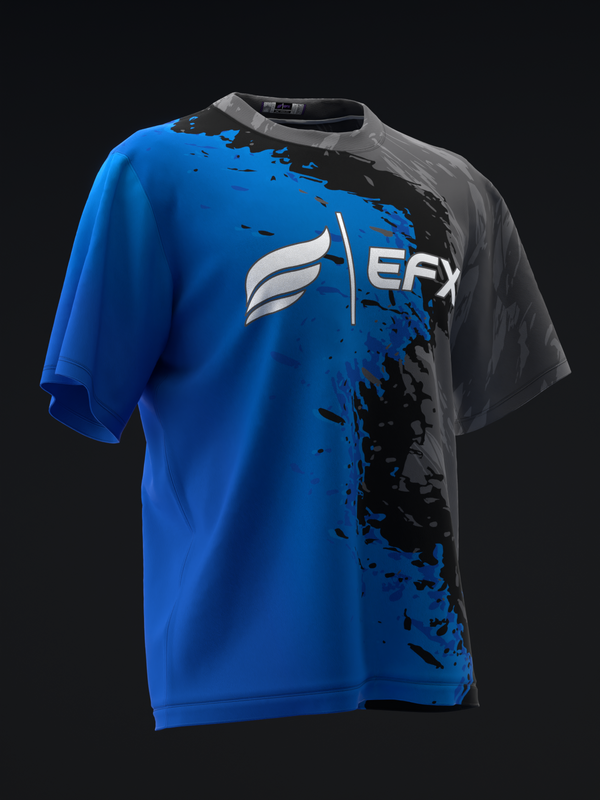 Blue and black bowling jersey with EFX logo and splatter design, front view