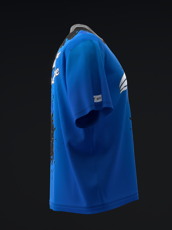 Blue bowling jersey with white text and stripes on side view