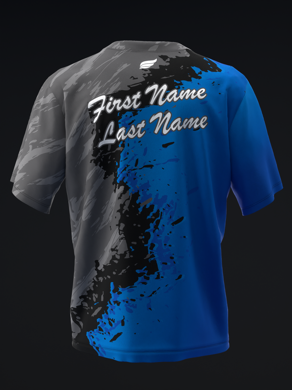 Blue and gray bowling jersey with black splatter design and personalization text