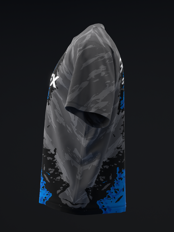Gray bowling jersey with white star, blue and black grunge pattern on sleeves