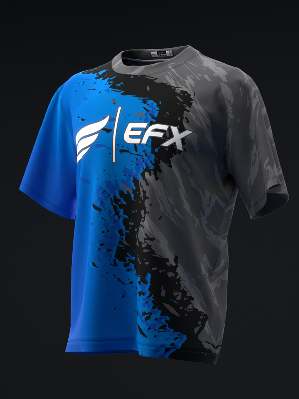 Blue and charcoal bowling jersey with EFX logo and splatter design pattern